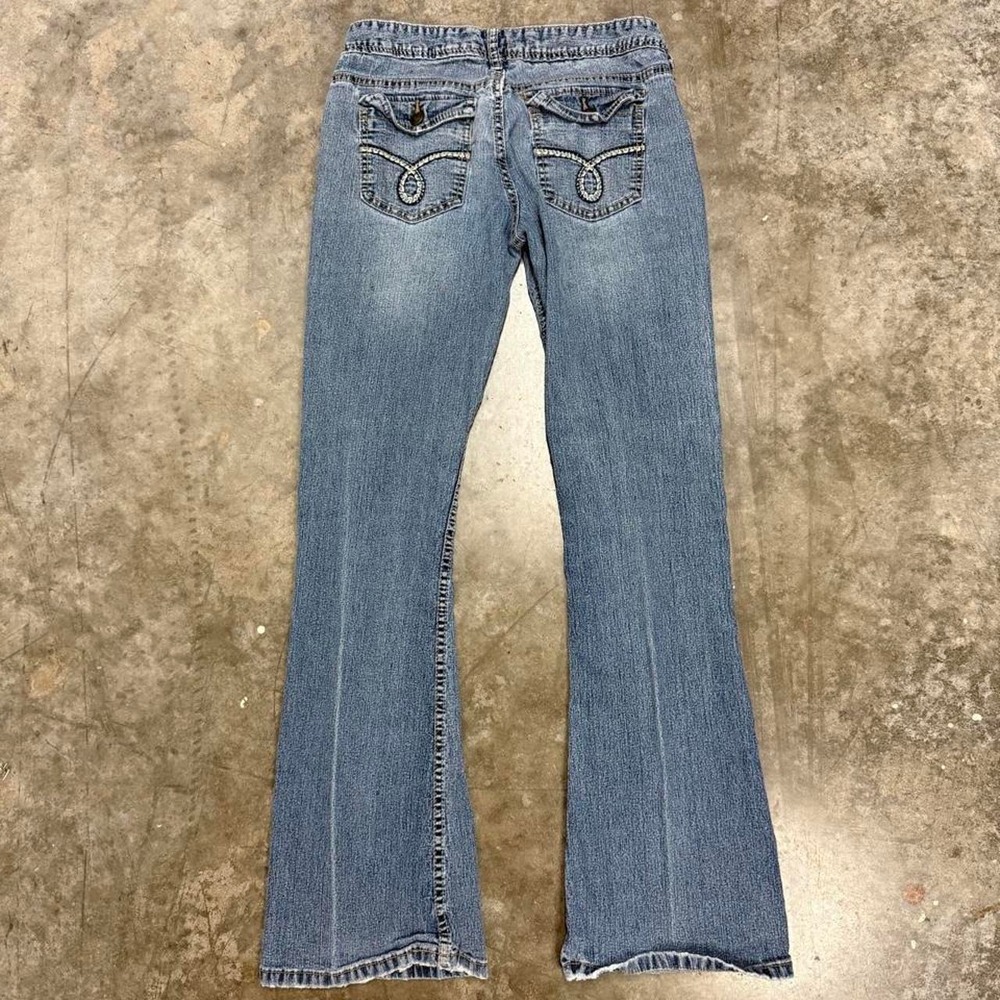 Vintage Rue 21 Y2K Distressed Bootcut Jeans Medium Wash Rhinestone Pocket 28x31